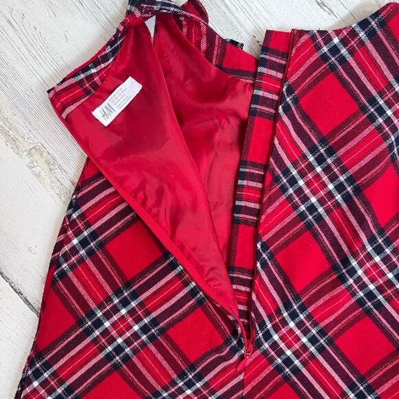 H&M Dress Girls 7-8 Red Plaid Flannel Sleeveless Bow Lined Holiday Party Classic - Picture 3 of 8